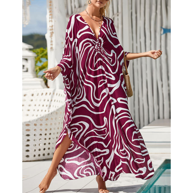 Purplish Red Print Long Kinimo Beachwear TQL310062-32