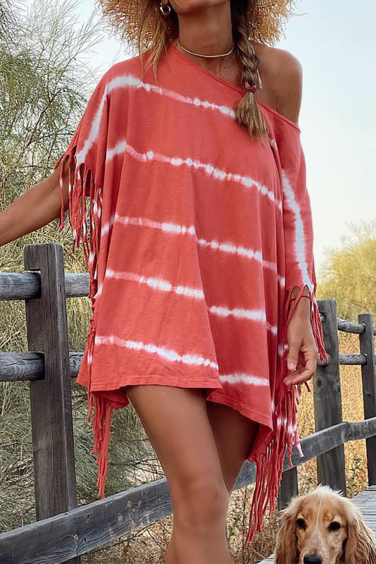 Red Tie Dye Striped Fringe Trim Oversized T-shirt Dress LC6115349-3