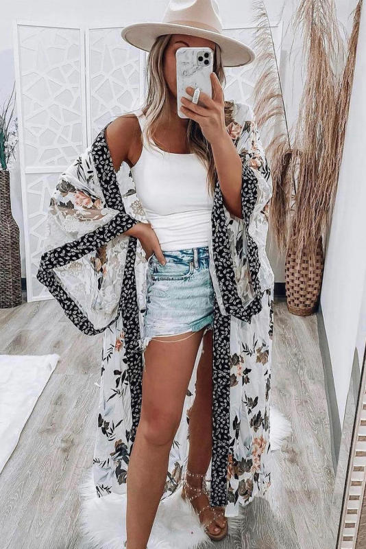White Floral Print Lace Patchwork Batwing Sleeve Duster Kimono LC2541410-1