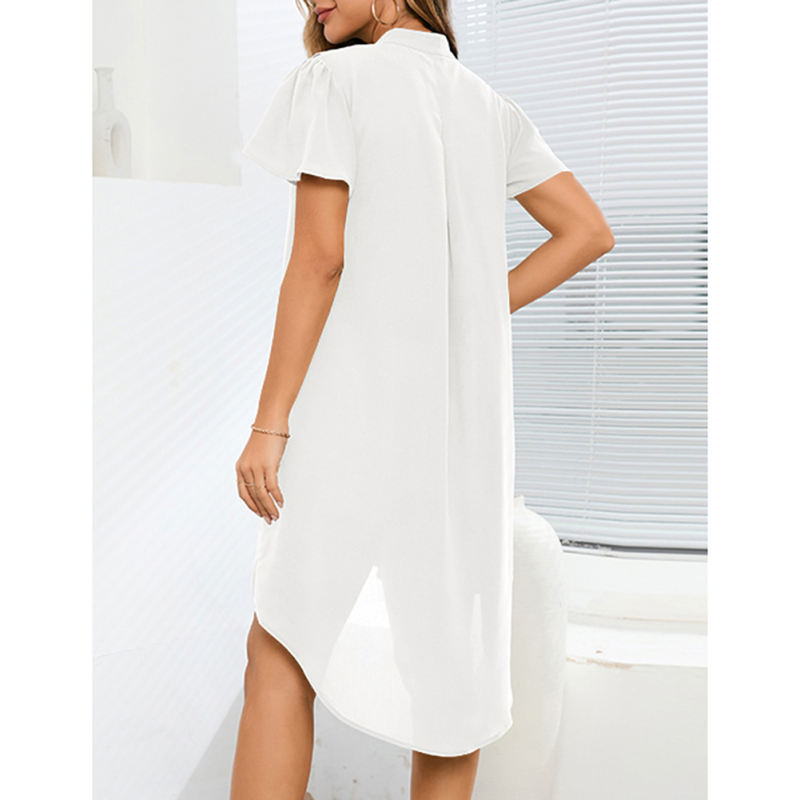 White Ruffle Button V Neck High Low Shirt Dress TQG310047-1