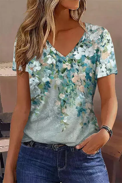 Green Floral Print Shift Fit V Neck T Shirt LC25220743-9
