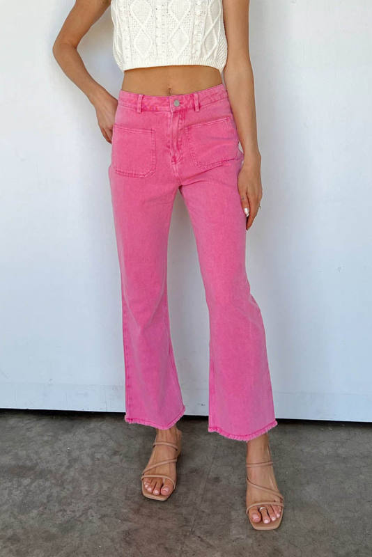 Pink Ankle-length Flare Leg Raw Hem Jeans LC7711675-10