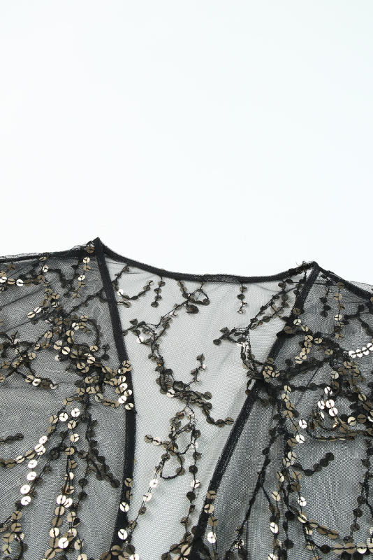 Black 3/4 Bell Sleeve Sequin Sheer Kimono PL254071-2