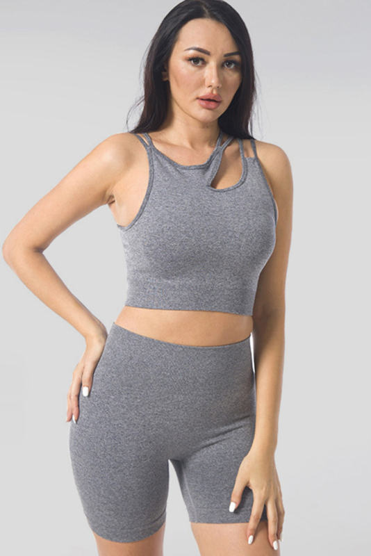 Gray Cut Out Criss Cross Yoga Top and High Waist Sports Shorts Set LC2611363-11