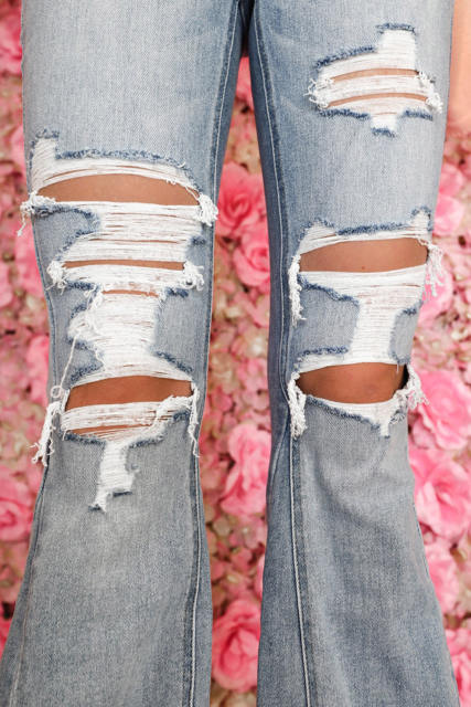 Sky Blue Light Wash Distressed High Rise Flare Jeans LC7873323-4
