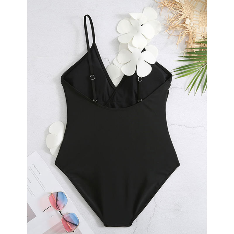 Black Adjustable Strap One Piece Swimsuit With Skirt Set TQX610039-2