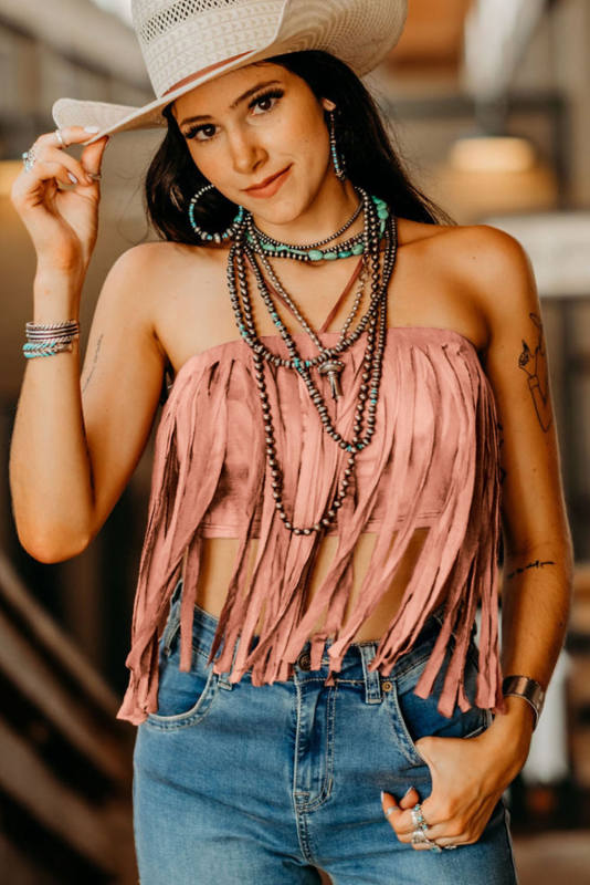 Pink Tassel Drawstring Bandeau Crop Tank Top LC2567900-10