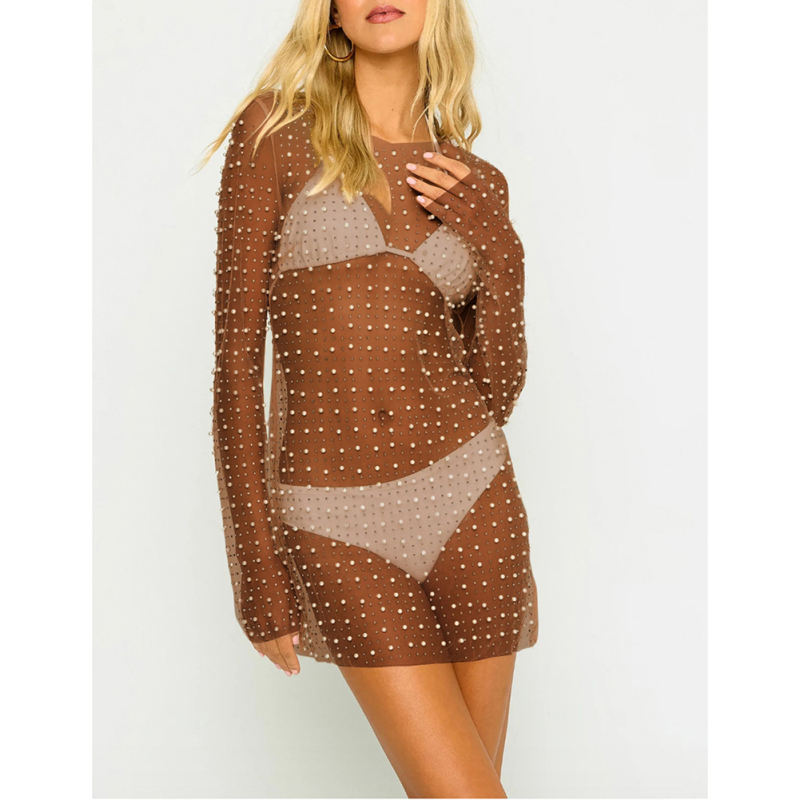 Coffee Sheer Rhinestone Mesh Long Sleeve Beach Cover TQK311544-15