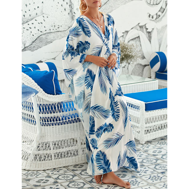 Blue White Print Long Kinimo Beachwear TQL310062-86