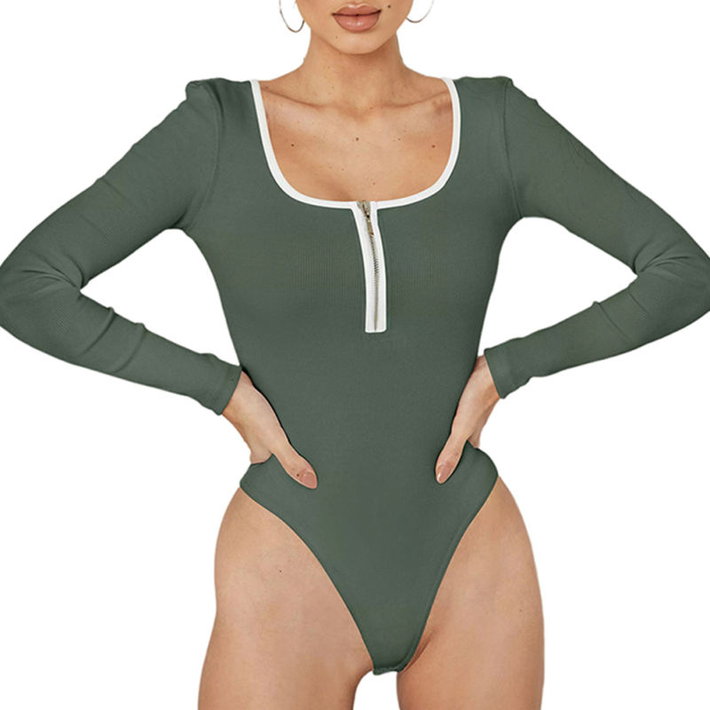 Dark Green Ribbed Zipper Long Sleeve Bodysuit TQV220165-36