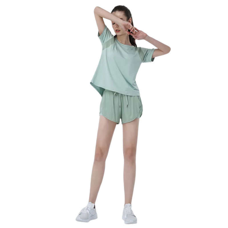 Green Fake Two Pieces Quick Dry Sports Yoga Short TQE71336-9