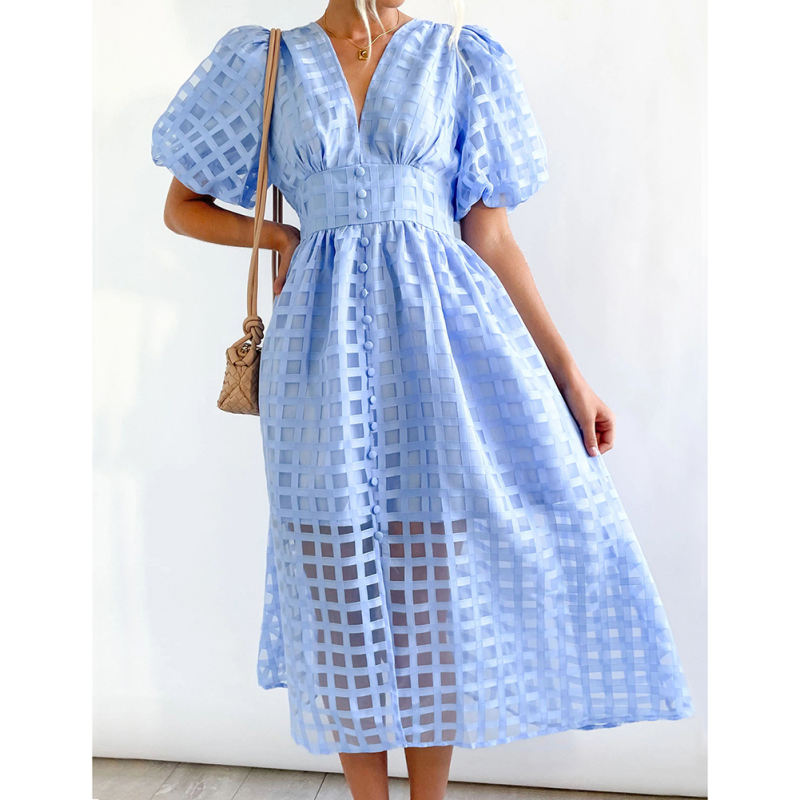 Light Blue V Neck Puff Sleeve Casual Party Dress TQG310045-30