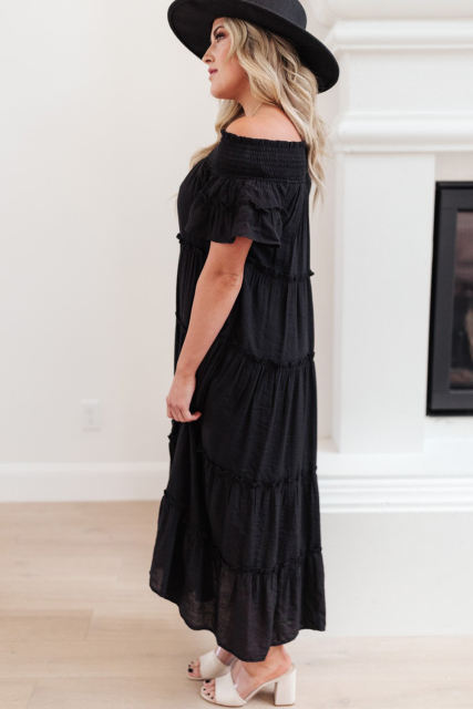 Black Plus Size Smocked Off Shoulder Frill Tiered Maxi Dress PL61518-2