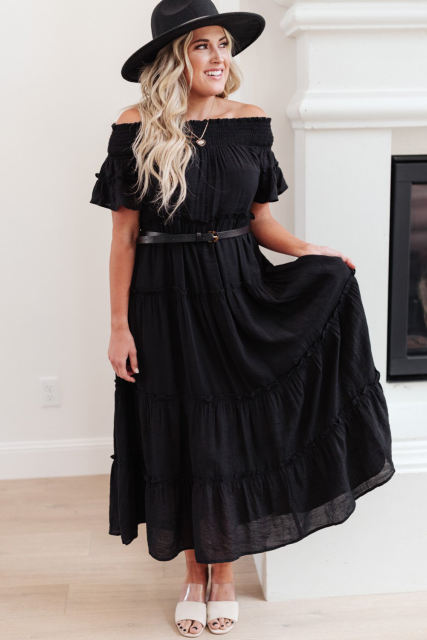 Black Plus Size Smocked Off Shoulder Frill Tiered Maxi Dress PL61518-2