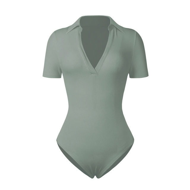 Light Green Ribbed Deep V Neck Short Sleeve Bodysuit TQL550085-28