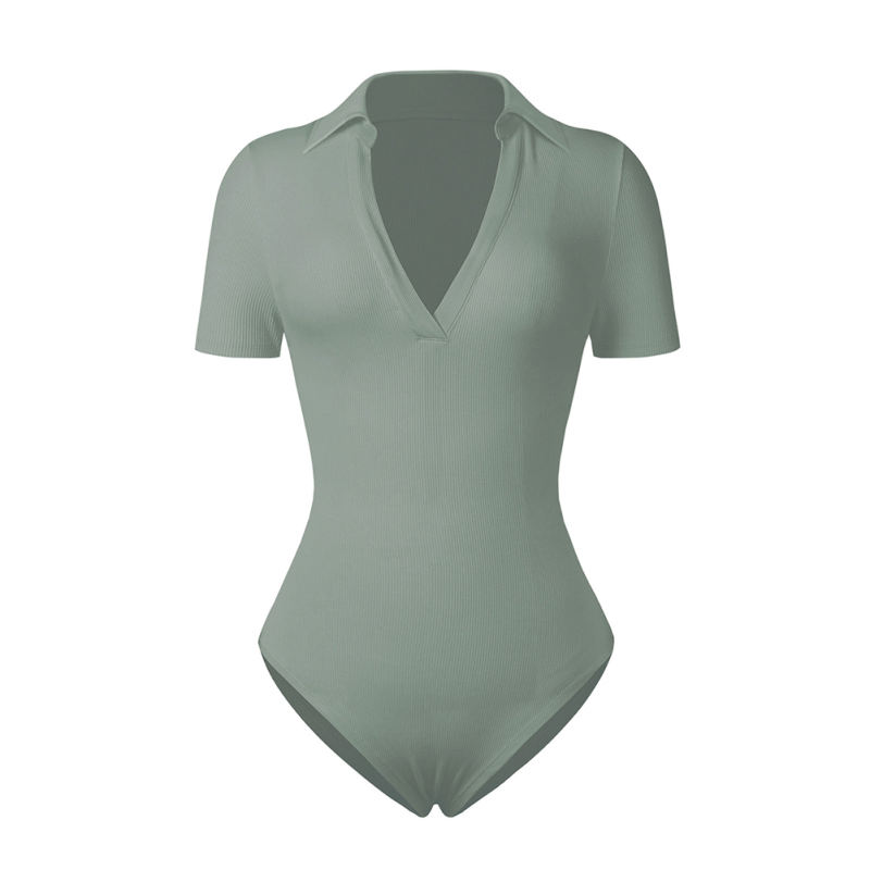 Light Green Ribbed Deep V Neck Short Sleeve Bodysuit TQL550085-28