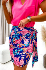 Blue Floral Print Lace-up High Waist Bodycon Mini Skirt LC721370-5