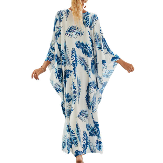 Blue White Print Long Kinimo Beachwear TQL310062-86