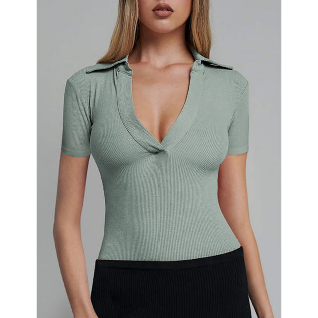 Light Green Ribbed Deep V Neck Short Sleeve Bodysuit TQL550085-28