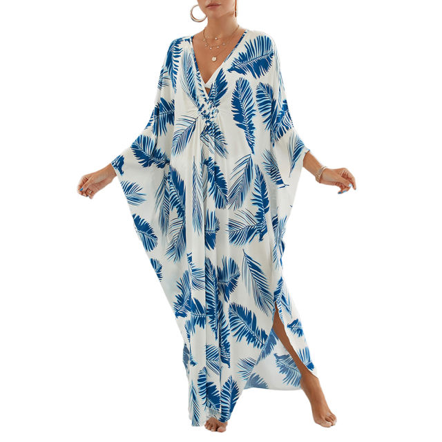 Blue White Print Long Kinimo Beachwear TQL310062-86