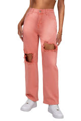 Pink High Waist Ripped Straight Leg Pocket Jeans LC7873435-10