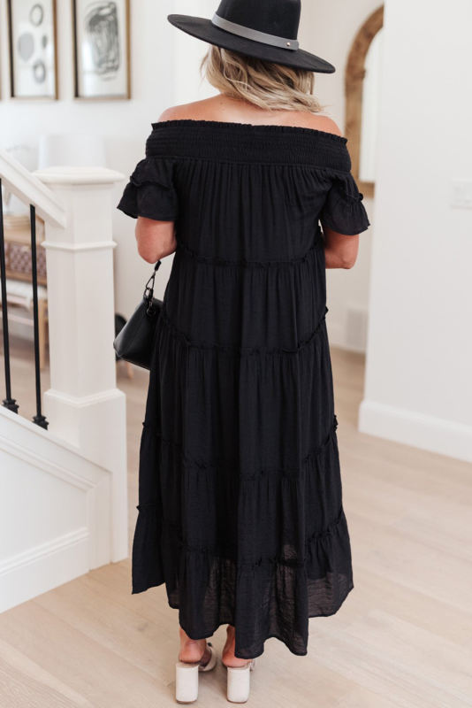 Black Plus Size Smocked Off Shoulder Frill Tiered Maxi Dress PL61518-2