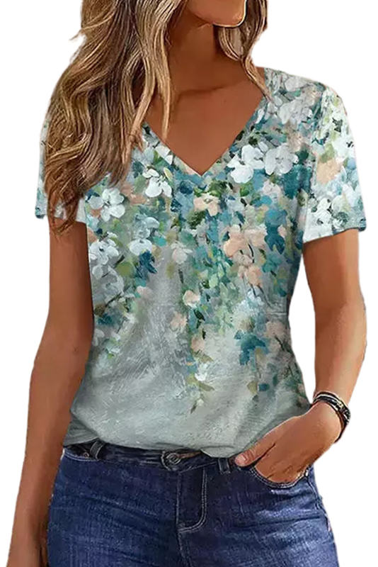 Green Floral Print Shift Fit V Neck T Shirt LC25220743-9