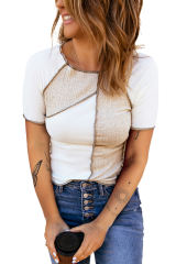 White Colorblock Seamed Ribbed Slim Fit T-shirt LC25221015-1