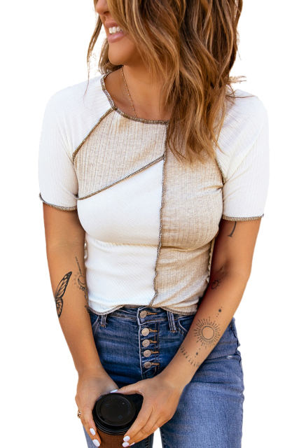 White Colorblock Seamed Ribbed Slim Fit T-shirt LC25221015-1