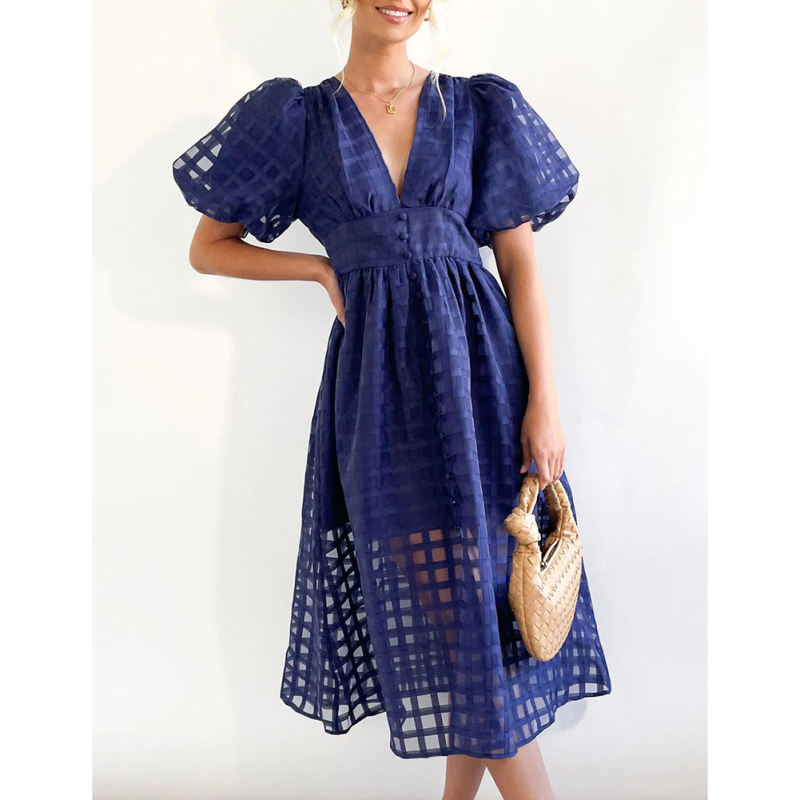Navy Blue V Neck Puff Sleeve Casual Party Dress TQG310045-34