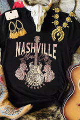 Black Nashville Leopard Guitar Rose Print Short Sleeve T Shirt  LC25220742-2