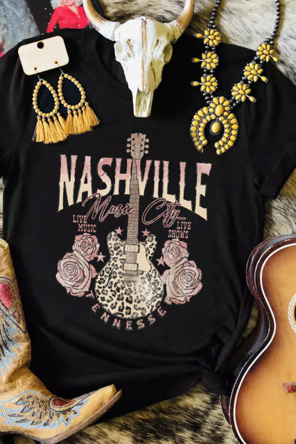 Black Nashville Leopard Guitar Rose Print Short Sleeve T Shirt  LC25220742-2