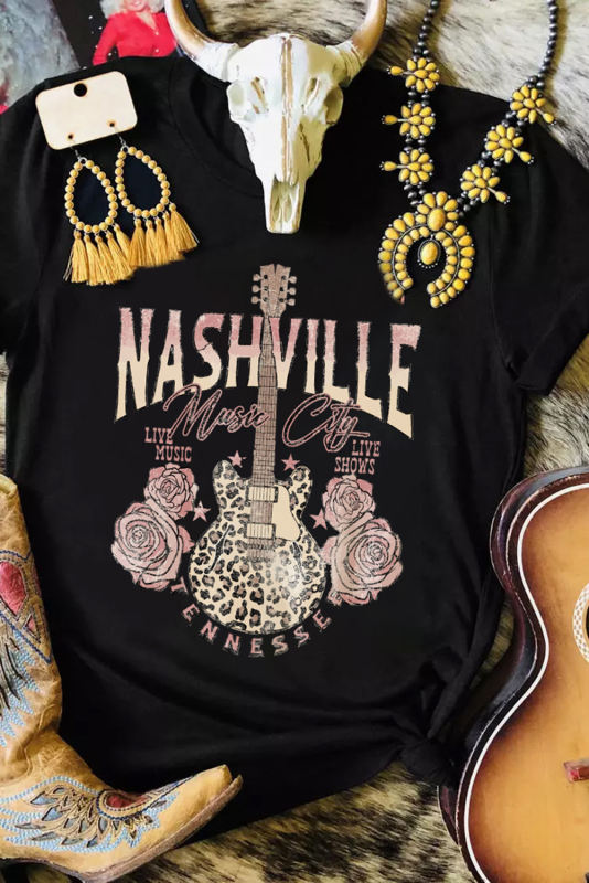 Black Nashville Leopard Guitar Rose Print Short Sleeve T Shirt  LC25220742-2