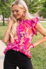 Rose Floral Flutter Sleeves Frilled Neck Blouse LC25121306-6