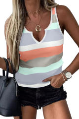 Green Striped Color Block Notched Neck Tank Top LC2568345-9