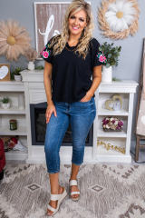 Black Floral Embroidered Bubble Sleeve Frill V Neck Top LC25120903-2