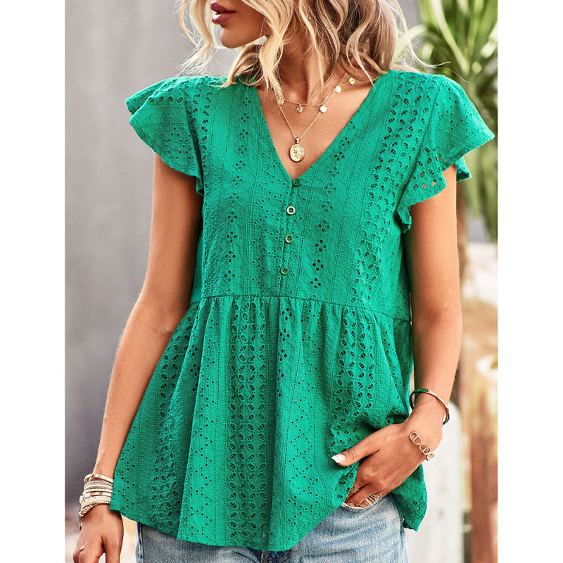 Green Hollow-out Button V Neck Sleeveless Tank Tops TQX210290-9
