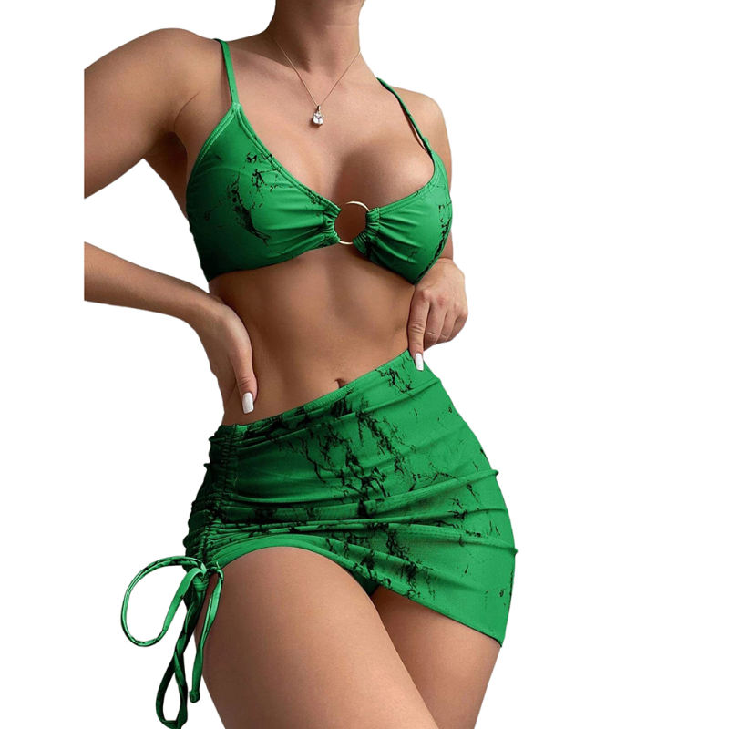Green Printed 3pcs Bikini and Skirt Swim Set TQG610003-9