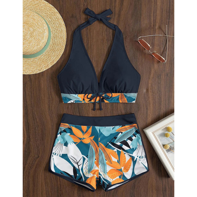 Black Halter Bikini and Tropical Print Boardshorts TQG610001-2