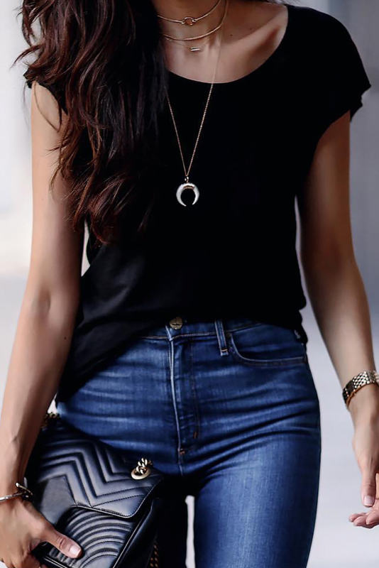 Black Hollow-out Back Cap Sleeve T-shirt LC25219425-2