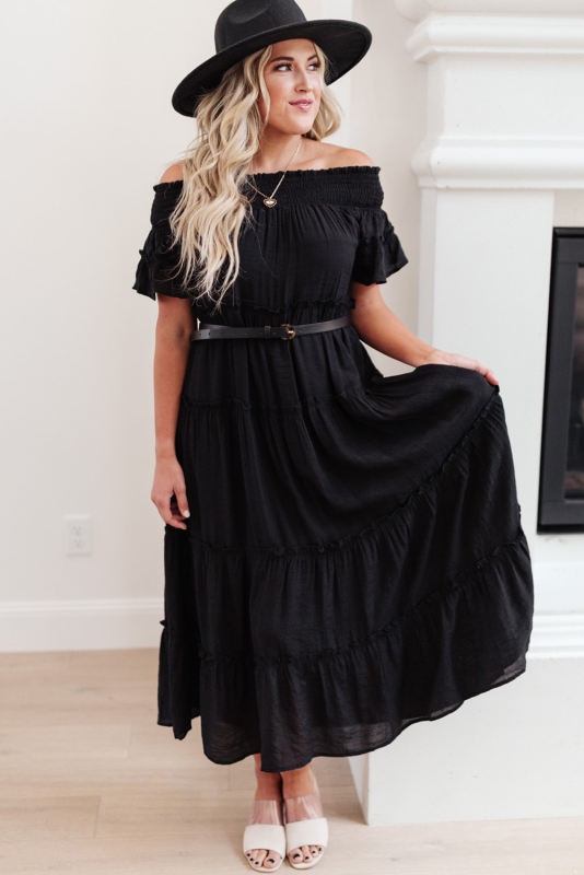 Black Plus Size Smocked Off Shoulder Frill Tiered Maxi Dress PL61518-2