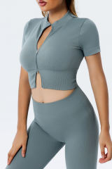 Sky Blue Zipped Front Short Sleeve Sports Crop Top LC264375-4