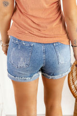 Blank Apparel - Distressed Ripped Rolled Hem Sky Blue Denim Shorts