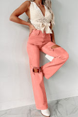 Pink High Waist Ripped Straight Leg Pocket Jeans LC7873435-10