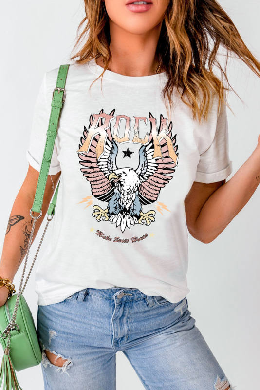 White ROCK &amp; Eagle Graphic Round Neck Tee  LC25221210-1