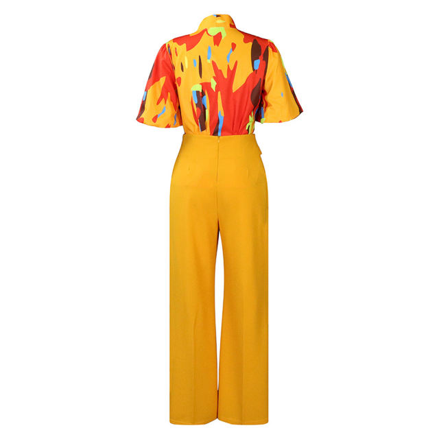 Yellow Red Floral Blouse with Wide Leg Pants Set TQG710004-7