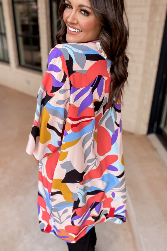 Multicolor Abstract Print Quarter Sleeve Pocketed Open Front Kimono LC2541836-22