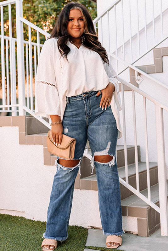 Blue Plus Size Open Knee Distressed Jeans PL787102-5