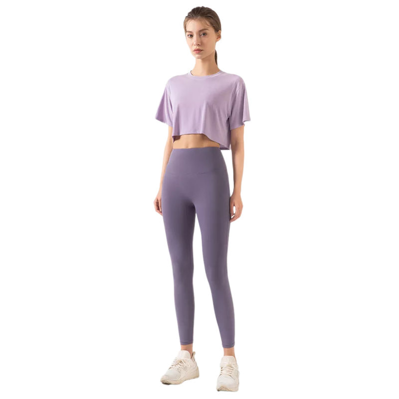 Light Purple Loose Crop Top and Dark Purple High Waist Yoga Pants Set TQE71335-38-35