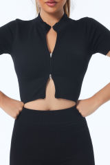 Black Zipped Front Short Sleeve Sports Crop Top LC264375-2